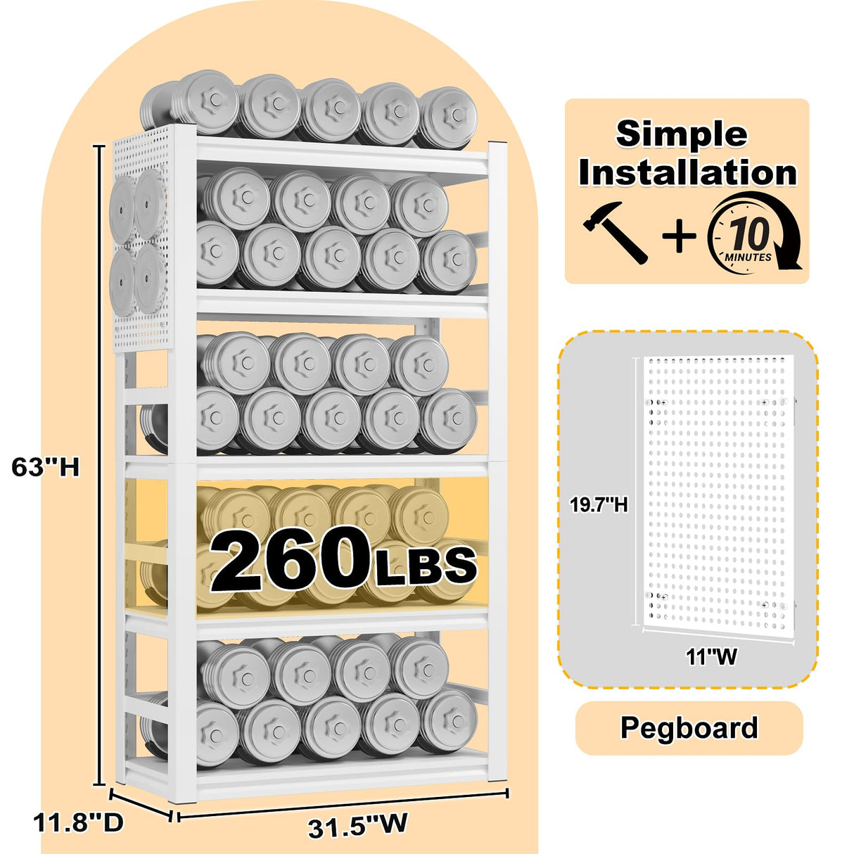 RGGCABINET 5 Tier Metal Bookshelf, 63" Tall Bookcase, Adjustable White Book Shelf, Heavy Duty Storage Shelves for Bedroom, Living Room, Home Office, School, Bathroom and Kitchen