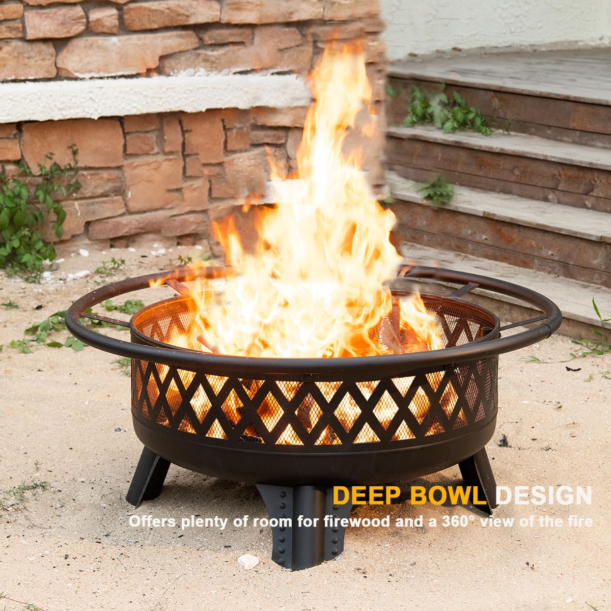 38 Inch Wood Burning Fire Pit for Outside, Round Firepit with Grill & Metal Lid