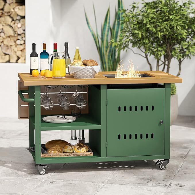 Gas Fire Pit Table with Universal Wheels, 50000 BTU Patio Rectangular Firepit Tables