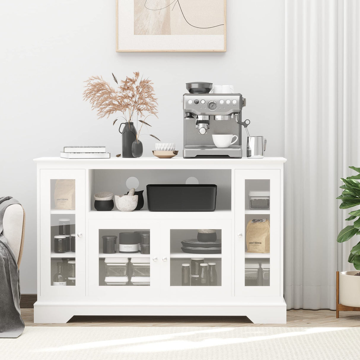 Sideboard Buffet Cabinet with Storage, Kitchen Cabinet Coffee Bar Cabinet with Glass Doors for Living Room, Kitchen, White