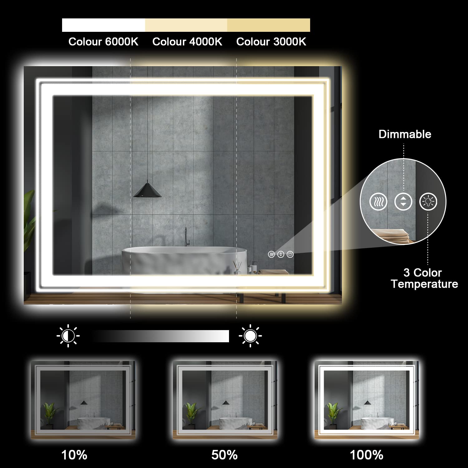Bathroom Mirror,  with Front and Backlit, Anti-Fog, Large Bathroom Vanity Mirror