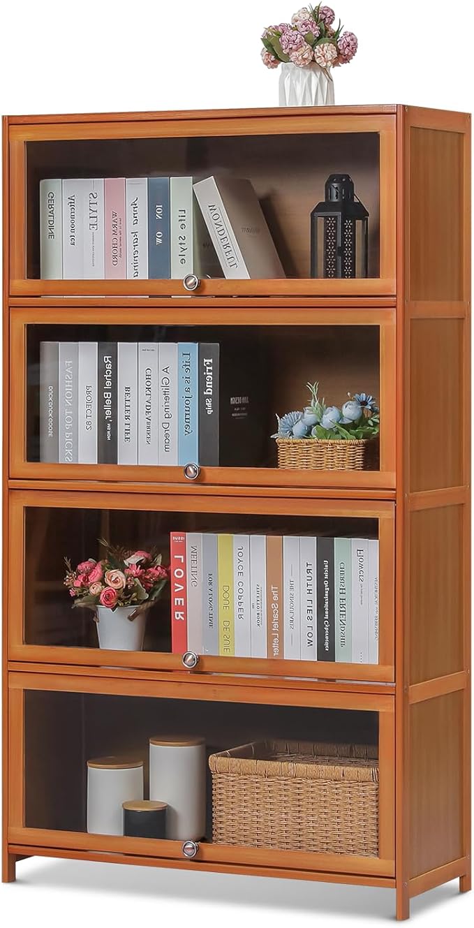 Bamboo 4-Tier Display Case Bookcase with Clear Acrylic Flip-Up Doors