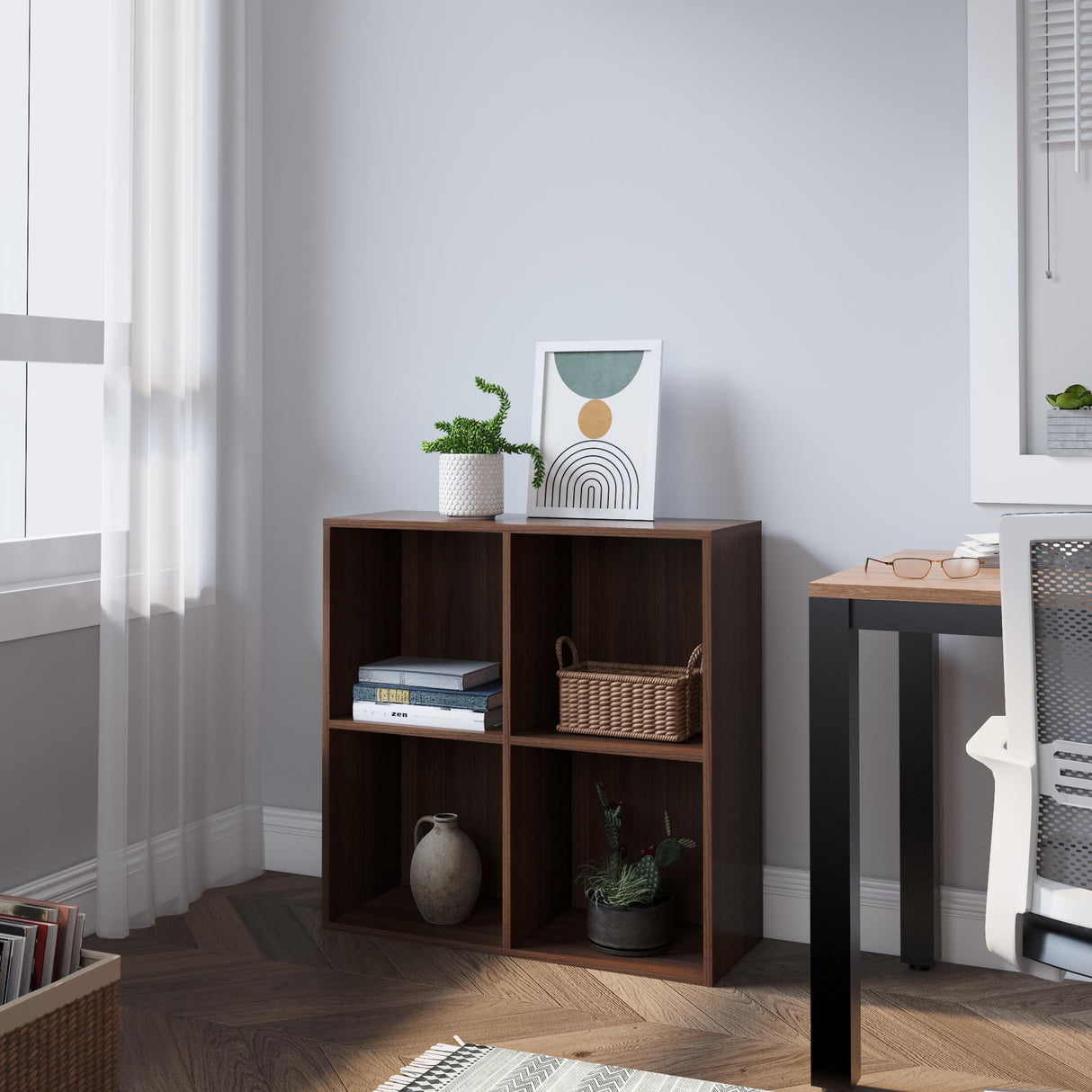 Bookcase, 4 Cube Open Storage Organizer Display Bookshelf, HOFB017