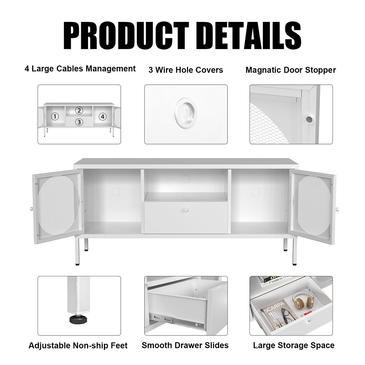 TIMELESS PIECES TV Stand, Metal Media TV Console with Drawer,Modern Entertainment Center with Storage Cabinets and Cable Hole,Tv Stands for Living Room, Bedroom