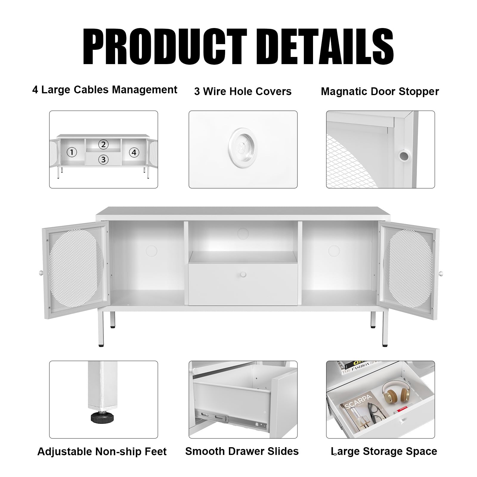 TIMELESS PIECES TV Stand, Metal Media TV Console with Drawer,Modern Entertainment Center with Storage Cabinets and Cable Hole,Tv Stands for Living Room, Bedroom