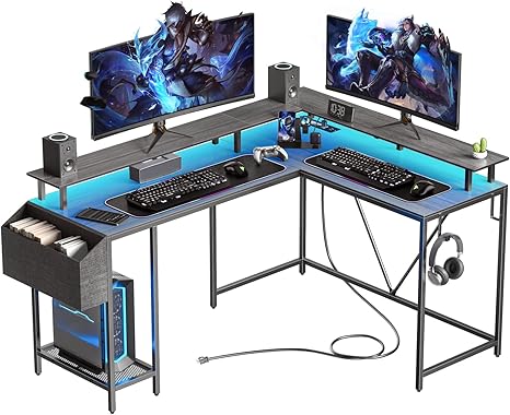 Eivanet 53inch L Shaped Desk,L Shaped Gaming Desk with Power Outlets & LED Lights