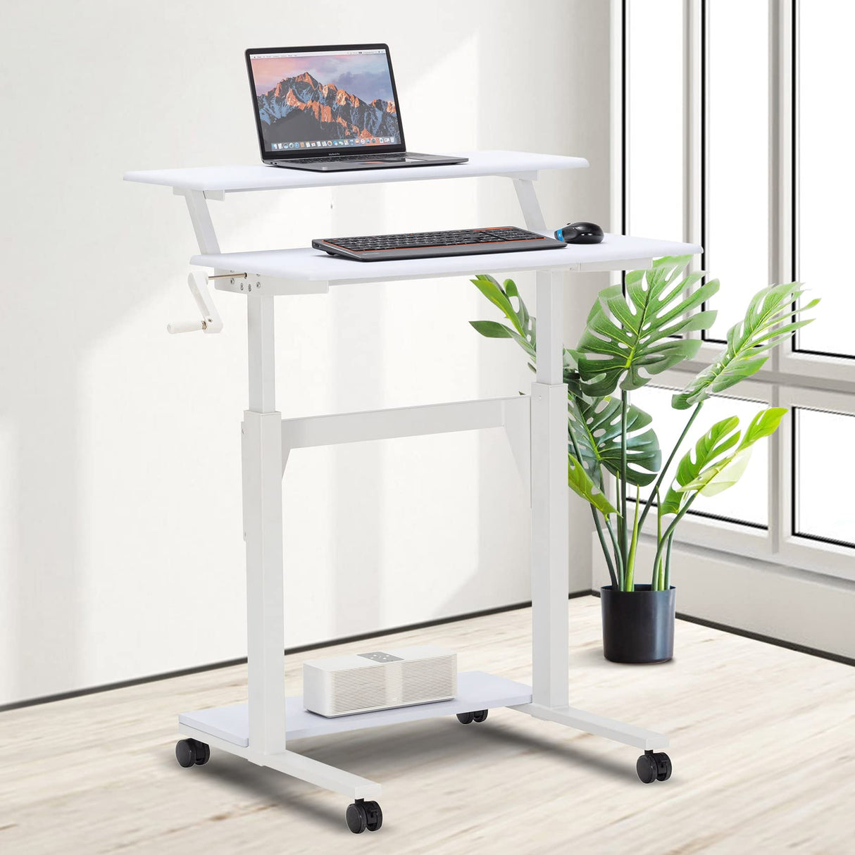Crank Adjustable Height Desk, 2-Tier Mobile Sit-to-Stand, White Top/White Frame, Modern Design, 15.75x31.5in, 29.5-46.7in, 40lbs, 125lbs Capacity
