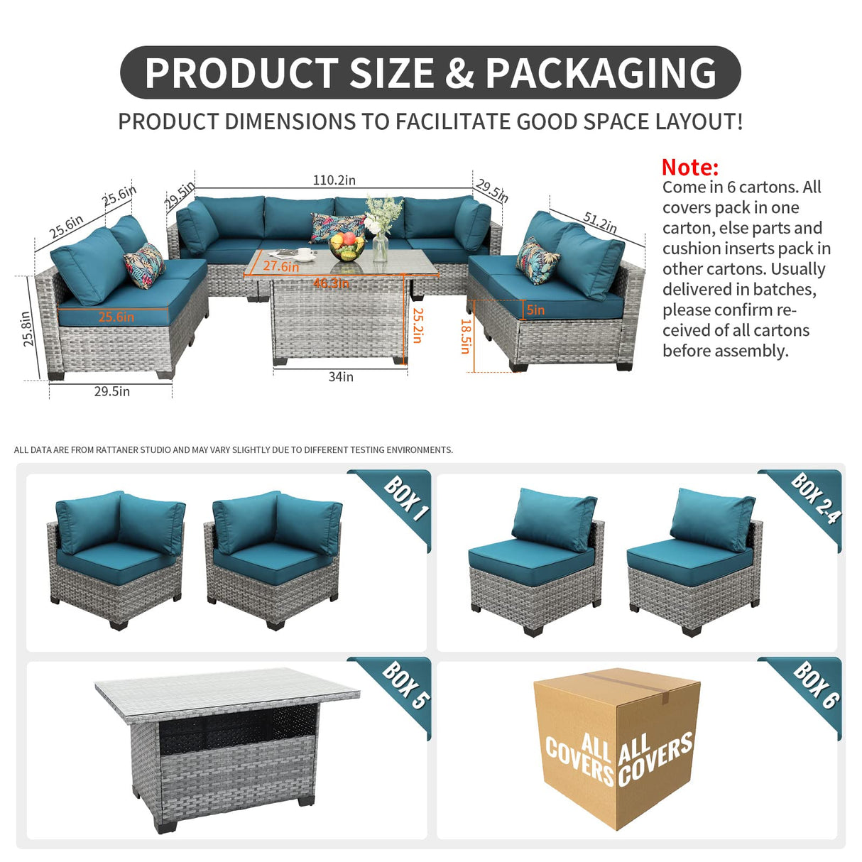 Patio Furniture Sectional Sofa Set 9 Pieces Outdoor Wicker Furniture Couch Storage Glass