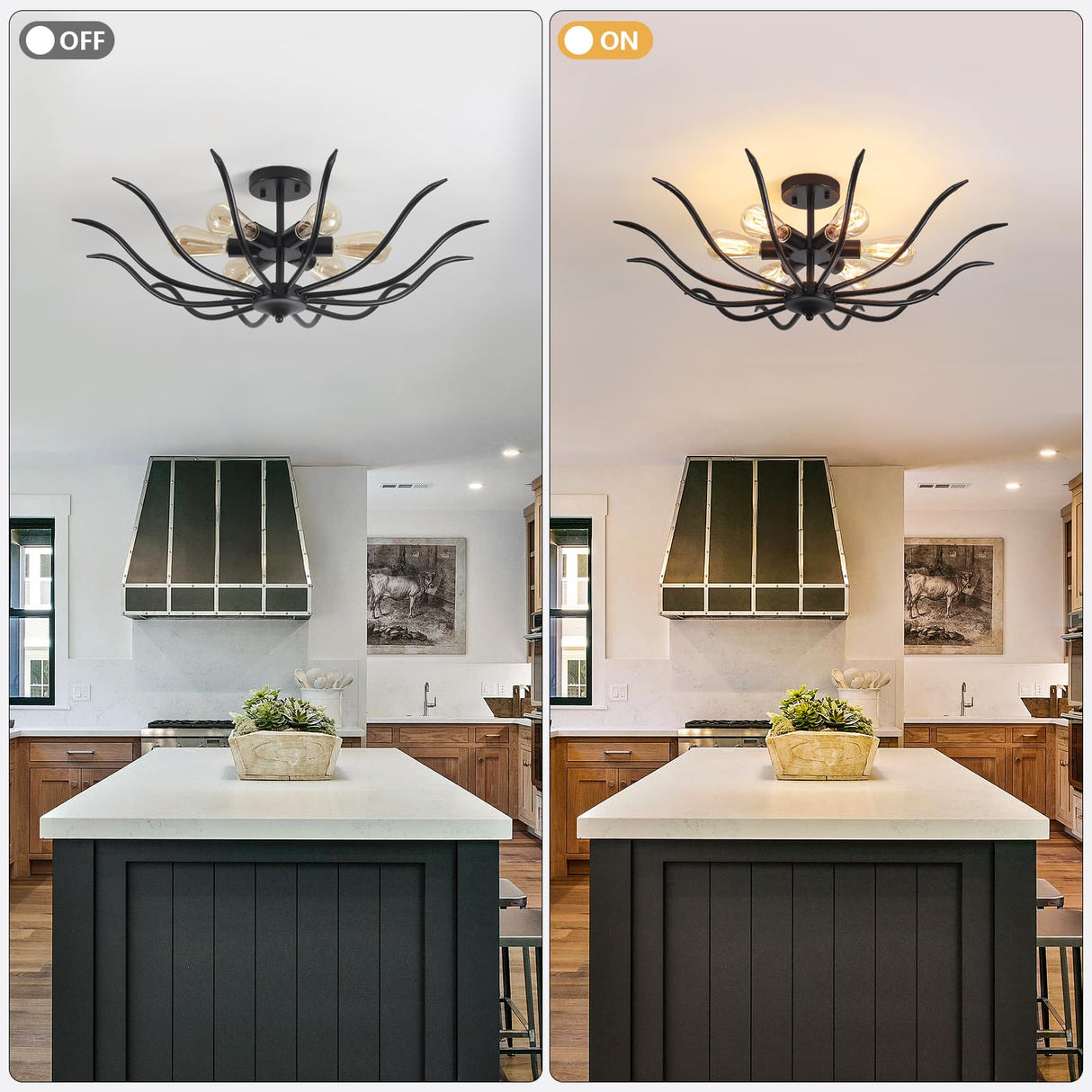 Semi Flush Mount Ceiling Light, 6-Light Modern Close to Ceiling Light Fixtures, 31.5" Kitchen Ceiling Lights Black Light Fixture for Dining Room Living Room Bedroom Bathroom Entryway Hallway Farmhouse