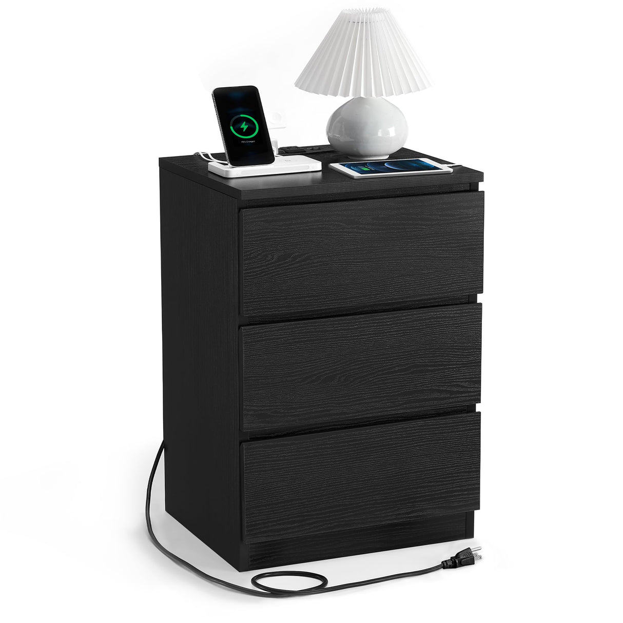 Nightstand with Charging Station, Bedside Table, Side End Table with 3 Drawers, 2 AC