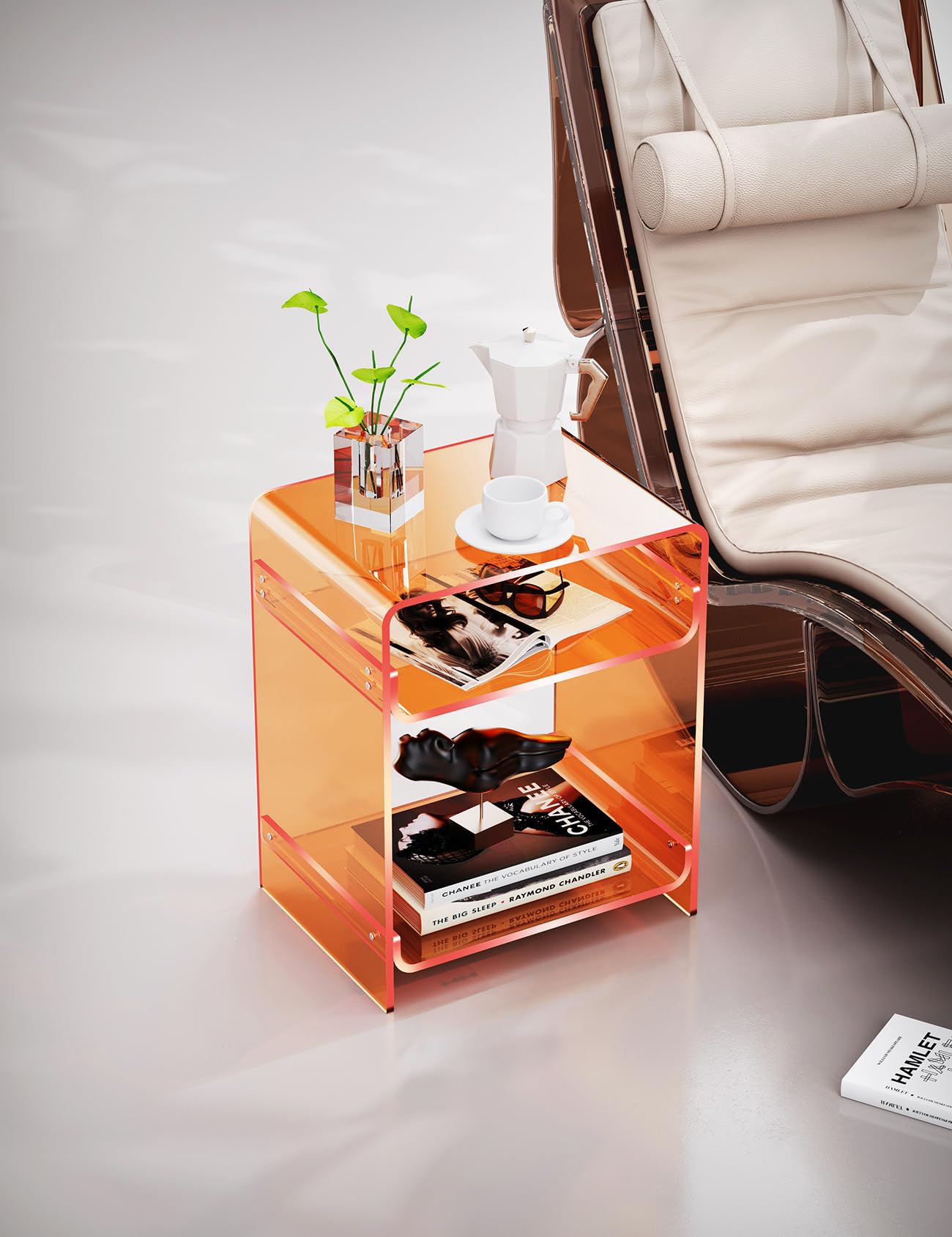 End Table Record Player Table with Storage Shelf Clear Side Table Nightstand, Orange