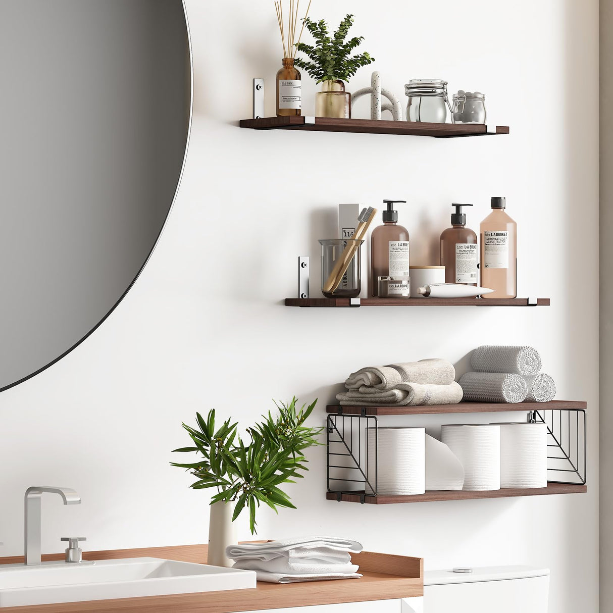 3+1 Tier Bathroom Floating Shelves Over Toilet, 15.8in Farmhouse Rustic Wood Shelves