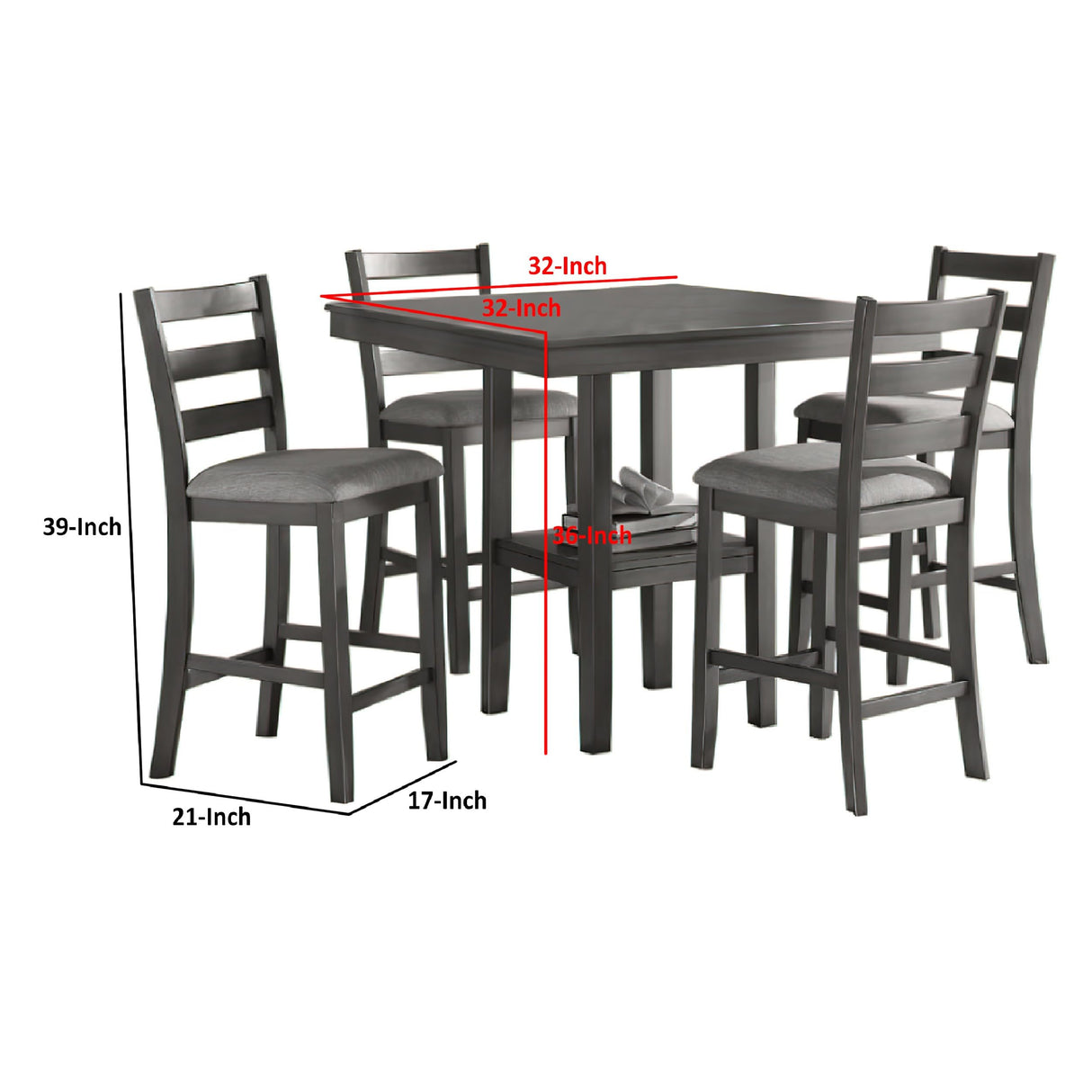 Height Dining Set, Table and 4 Chairs, Padded Seats, Gray