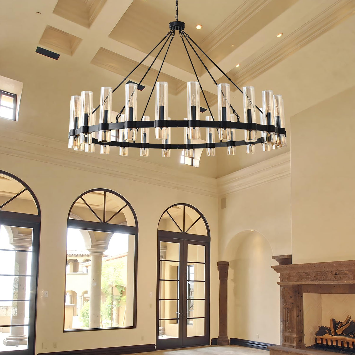 60 Inch Black Wagon Wheel Chandelier, 24 Lights, with Brown Glass Shade