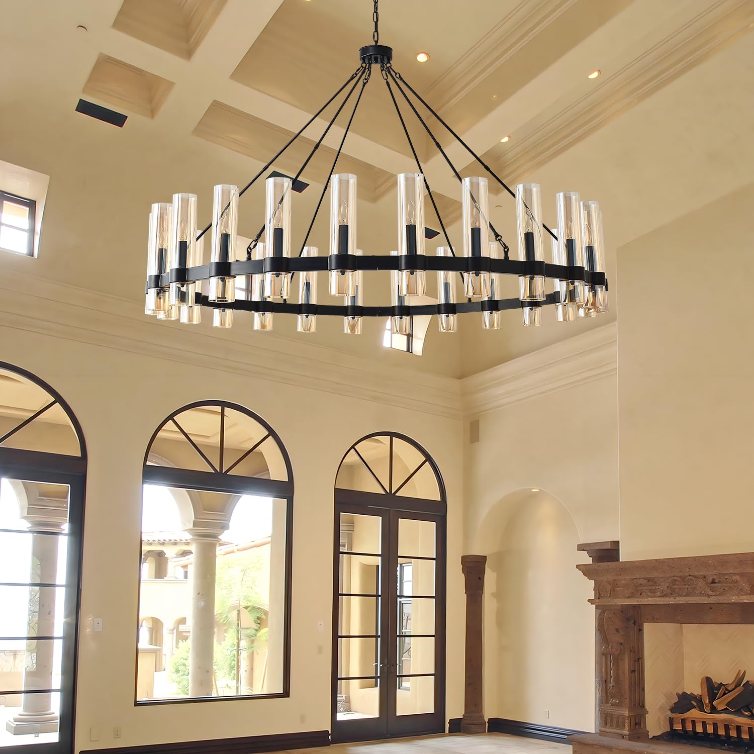 60 Inch Black Wagon Wheel Chandelier, 24 Lights, with Brown Glass Shade