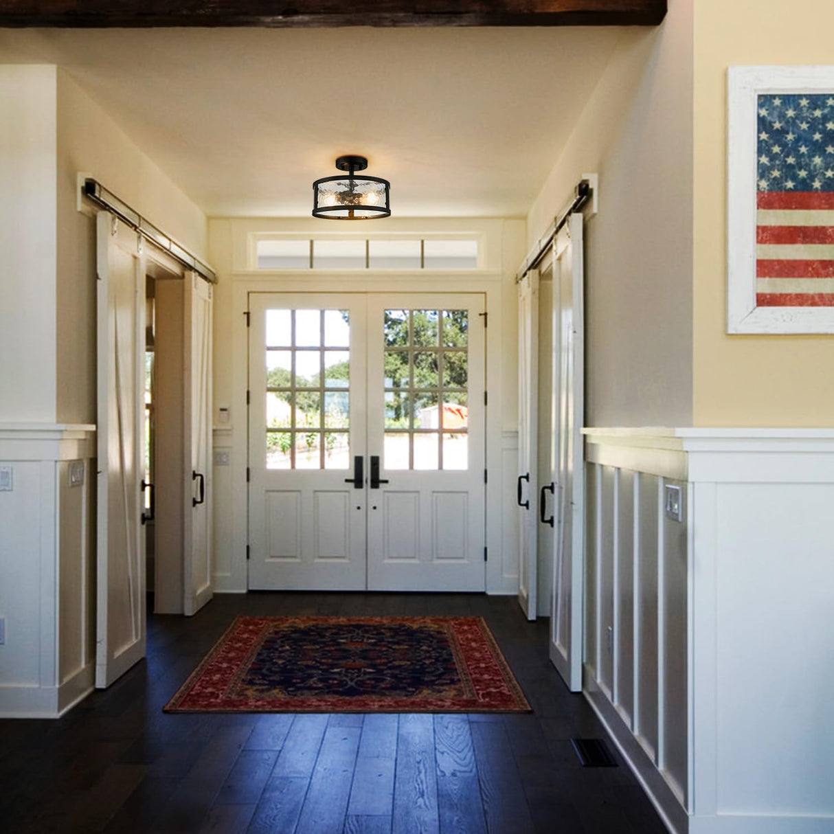 Farmhouse Semi Flush Mount Ceiling Light Black Light Fixtures Ceiling Mount 2-Light with Hammered Glass for Bedroom Kitchen Bathroom Entryway Proch