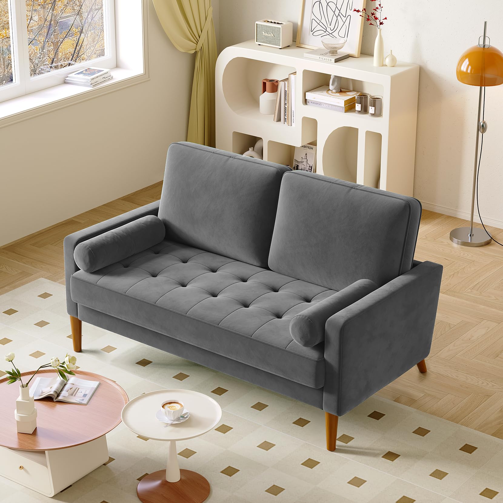 Loveseat Sofa, 56" Grey Velvet Couch Small Couch Love Seat Sofa with Tufted Seat