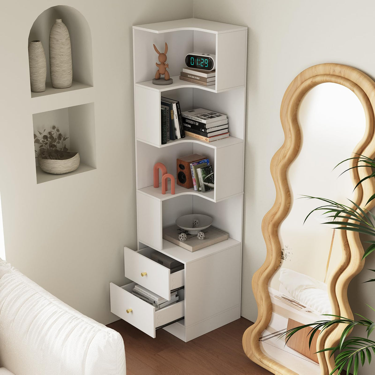 Corner Shelf with Light 5-Tier White Corner Storage Cabinet with Drawers Modern