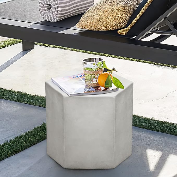 Concrete Accent Table, Hexagon Patio Side Table 14.5''Wx16''H
