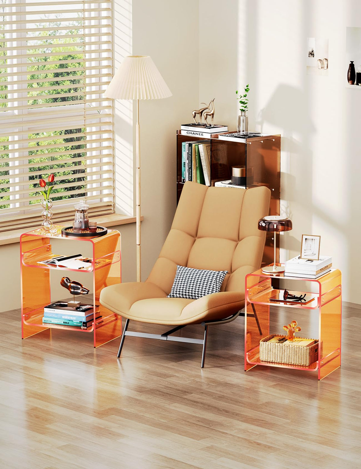 Storage Shelf, Clear Side Table Nightstand (Orange)