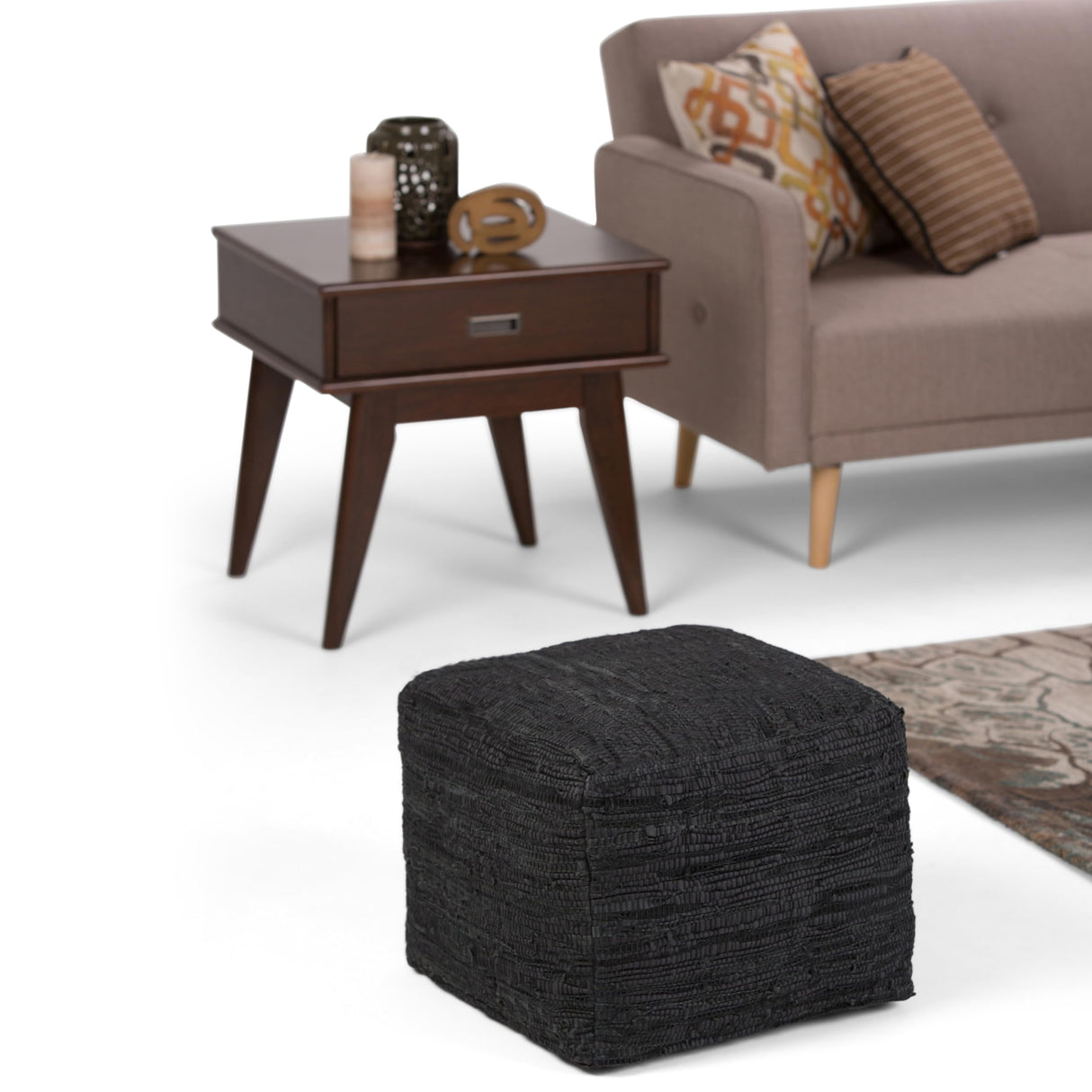 Fredrik Boho Square Pouf in Black Woven Genuine Leather for the Living Room, Bedroom