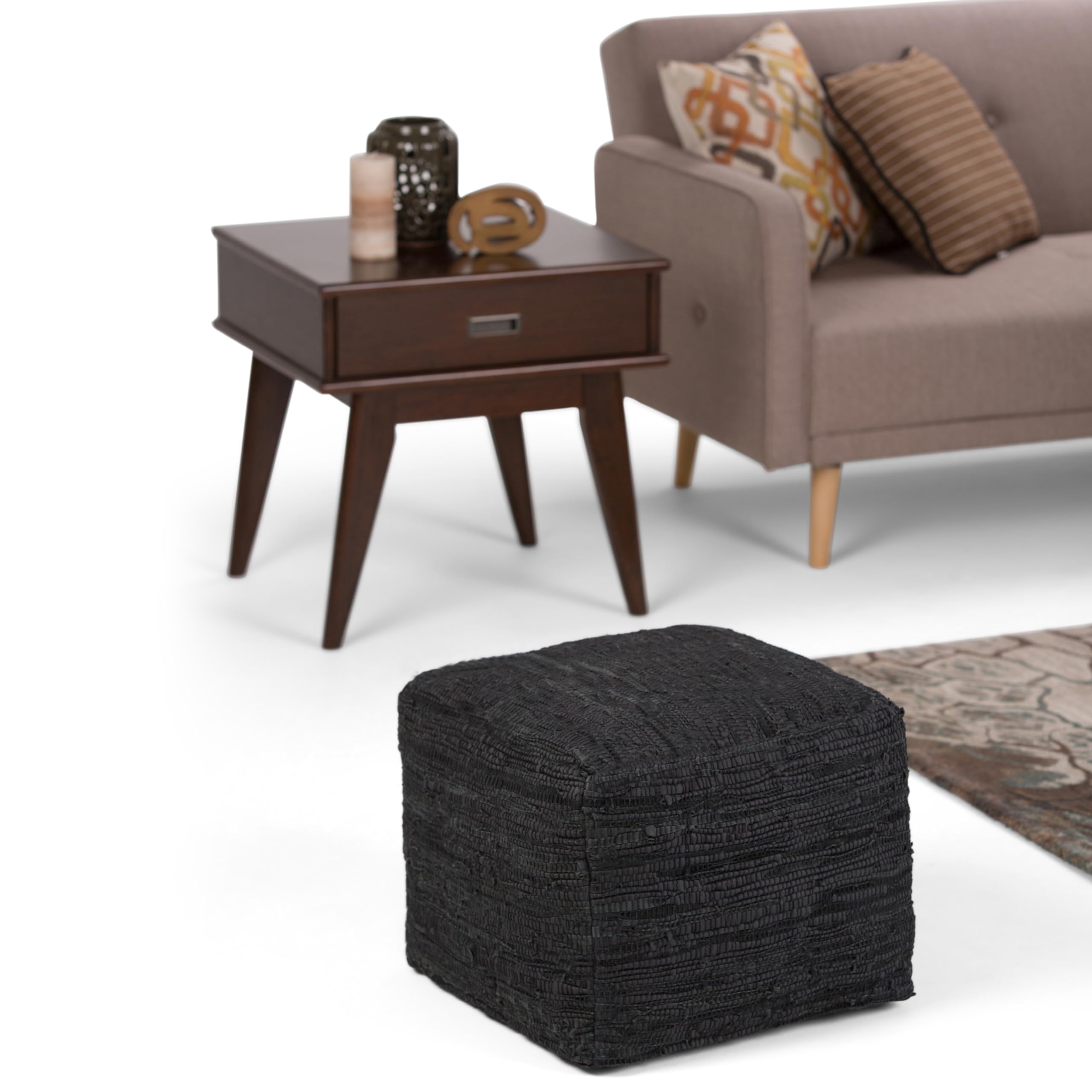 Fredrik Boho Square Pouf in Black Woven Genuine Leather for the Living Room, Bedroom