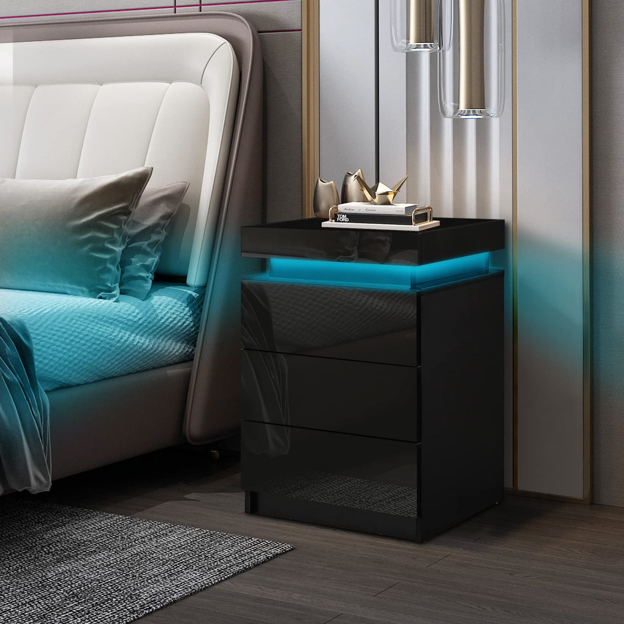 Nightstand Set of 2, LED Night Stand with 3 High Gloss Chest of Drawers, Bedside Table