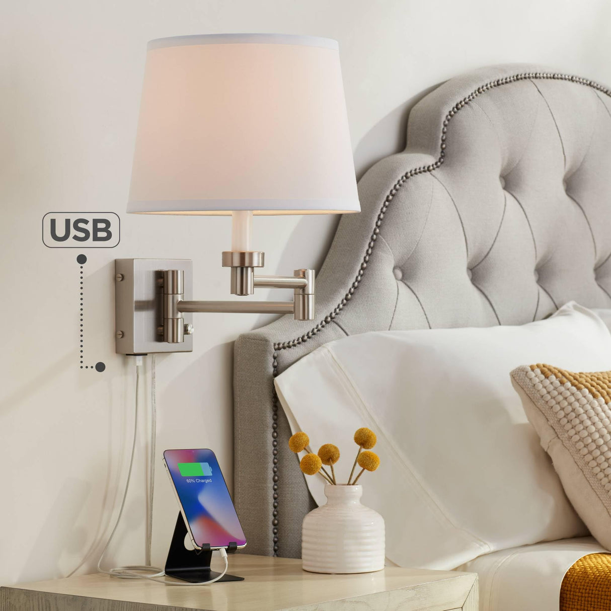 Vero Modern Swing Arm Wall Lamp with USB Charging Port Brushed Nickel Plug-in Light