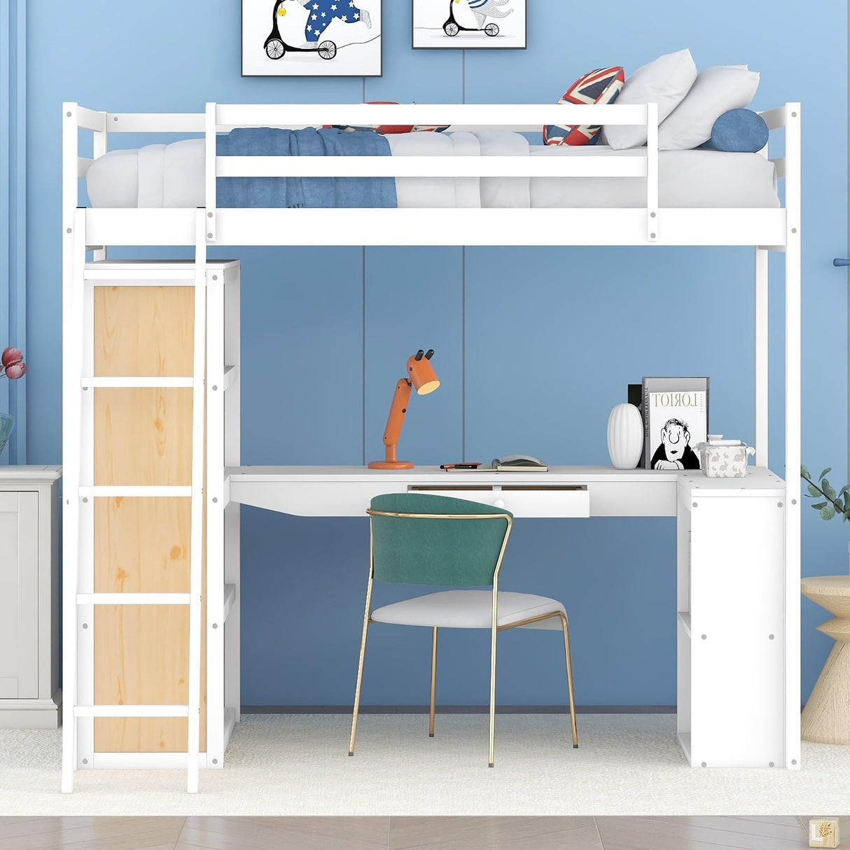 Twin Wood Loft Bed wDesk, Shelves, Drawers, Oleophobic Board, Ladder White - Twin