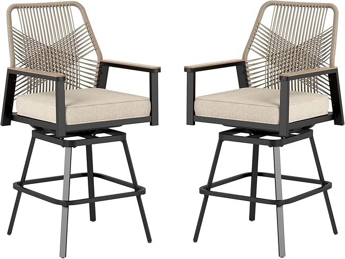 Outdoor Bar Stools Set of 2, 360° Wicker Swivel Bar Stool with Armrest,