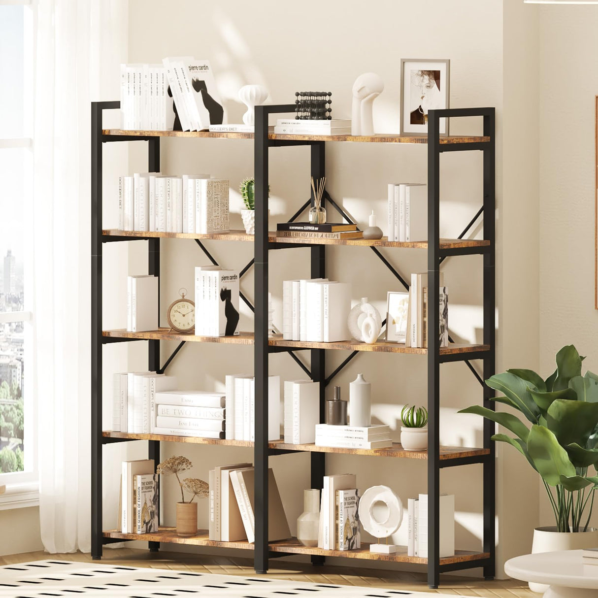 5 Tier, 58.7'' Industrial Wooden Book Shelf with Metal Frame, Large Storage Rack with Open Shelves, Wood Display Bookcase for Home and Office, Rustic Brown