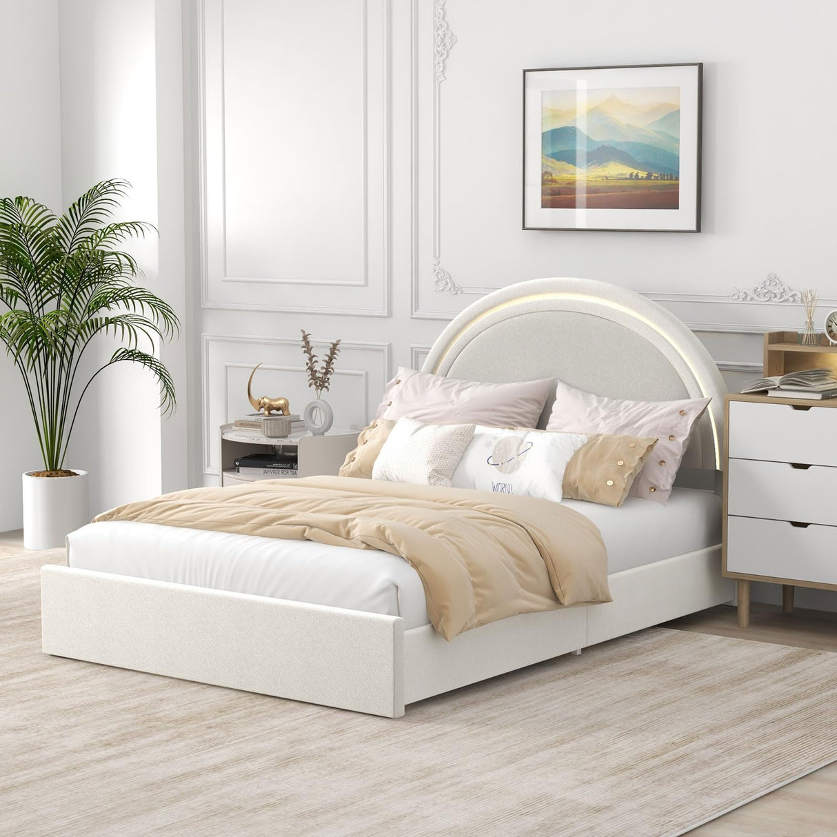 Home Full Size Bed Frame with Elegant Round Headboard