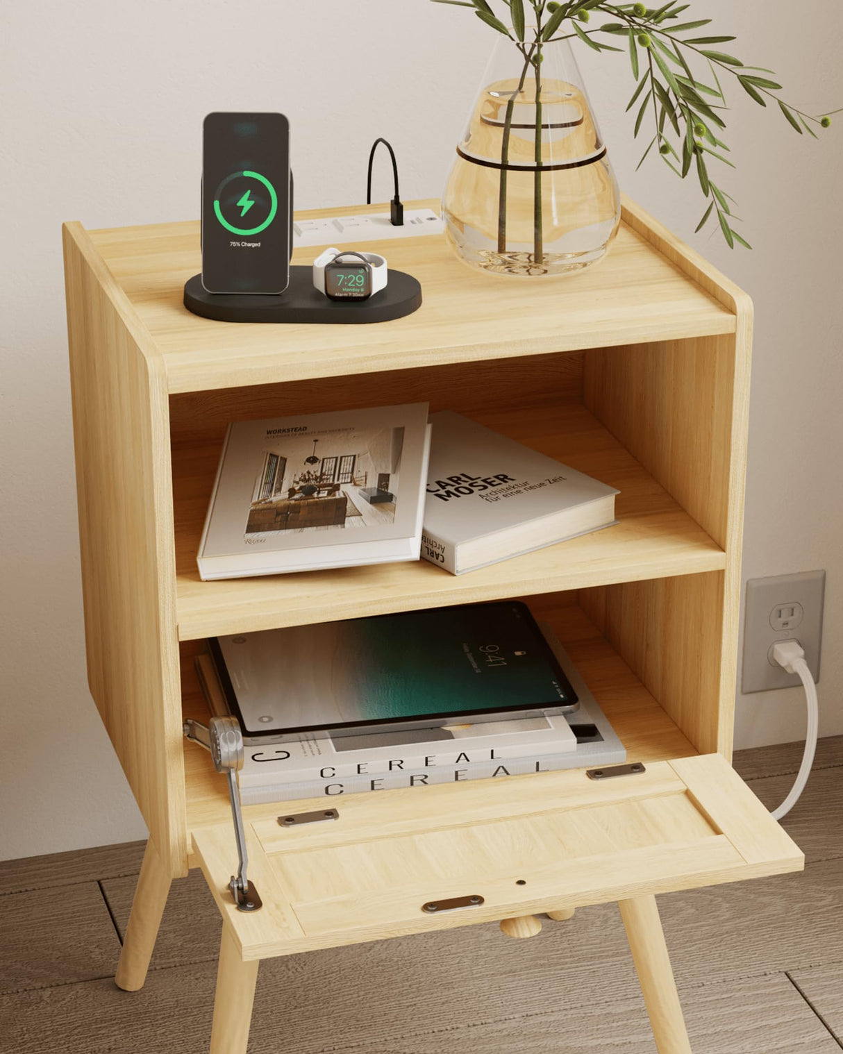 Rattan Nightstand,Farmhouse Bedside Table with Storage Drawer and Open Shelf