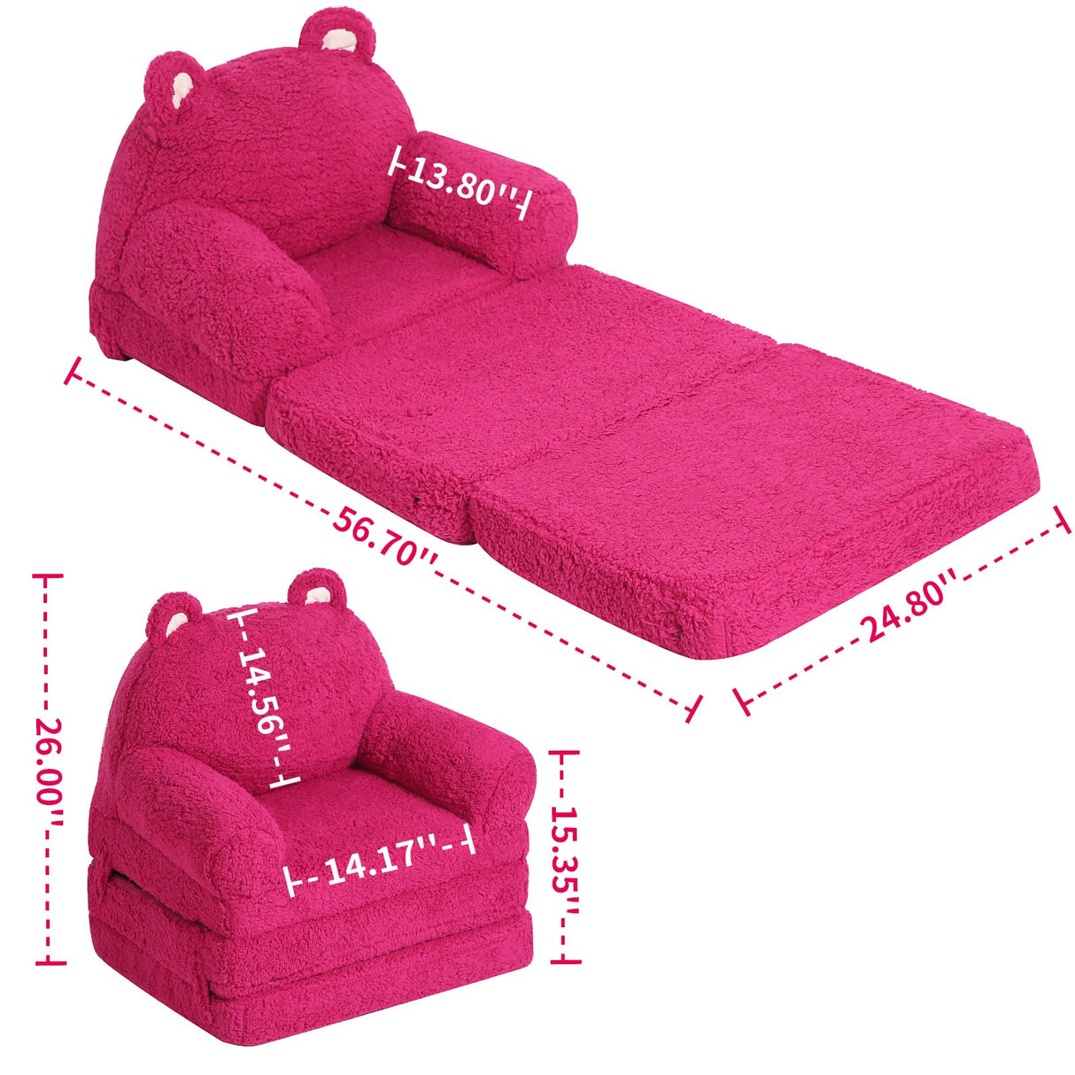 Foldable Kids Sofa, Sherpa Pink Teddy Bear Toddler Couch with Tri Folding Foam Cushions