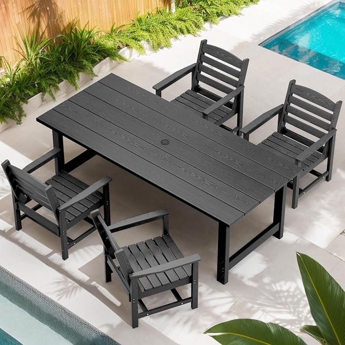 7 Piece HDPE Patio Furniture Set for 6, Dining Table and Chairs, Outdoor Table