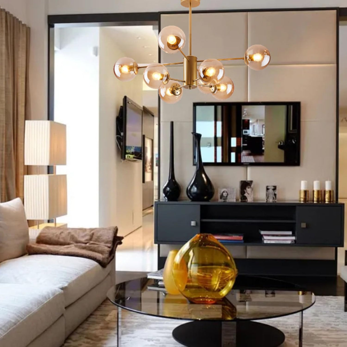 Glass Globe Chandelier Mid Century Modern Pendant Lights Black Ceiling Hanging Light