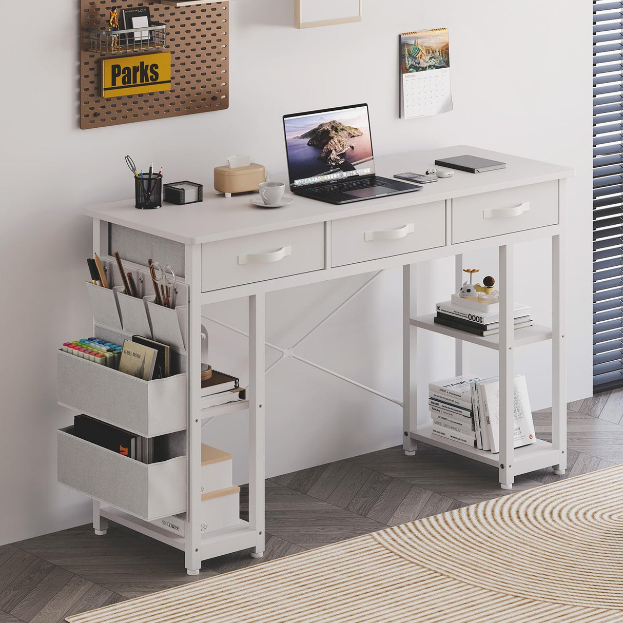 47" White Computer Desk with Fabric Drawers & Storage Shelves, Small Office Desk