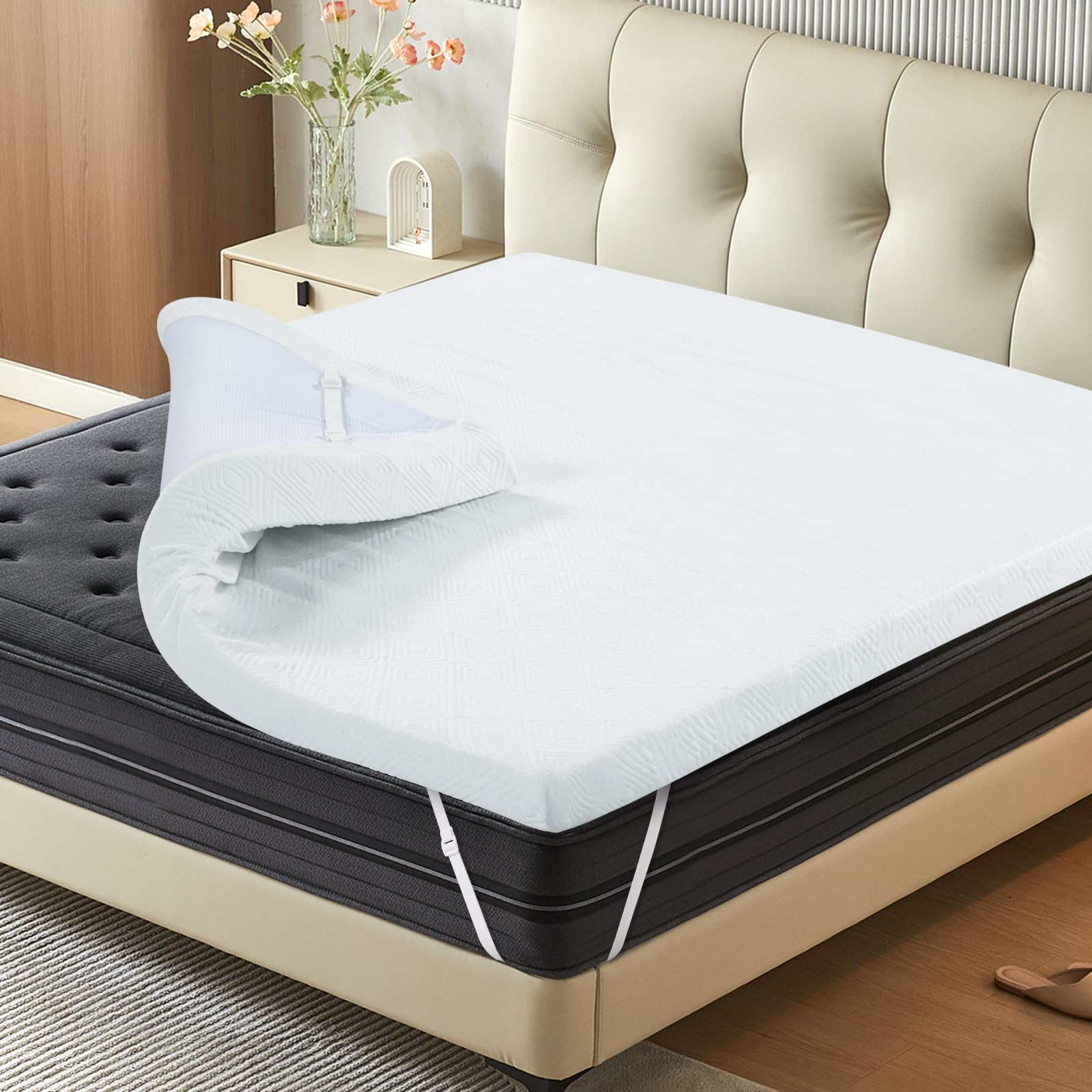 Queen Memory Foam Mattress Topper, Washable Bamboo Fiber Cover, 3 Inch Gel Mattress
