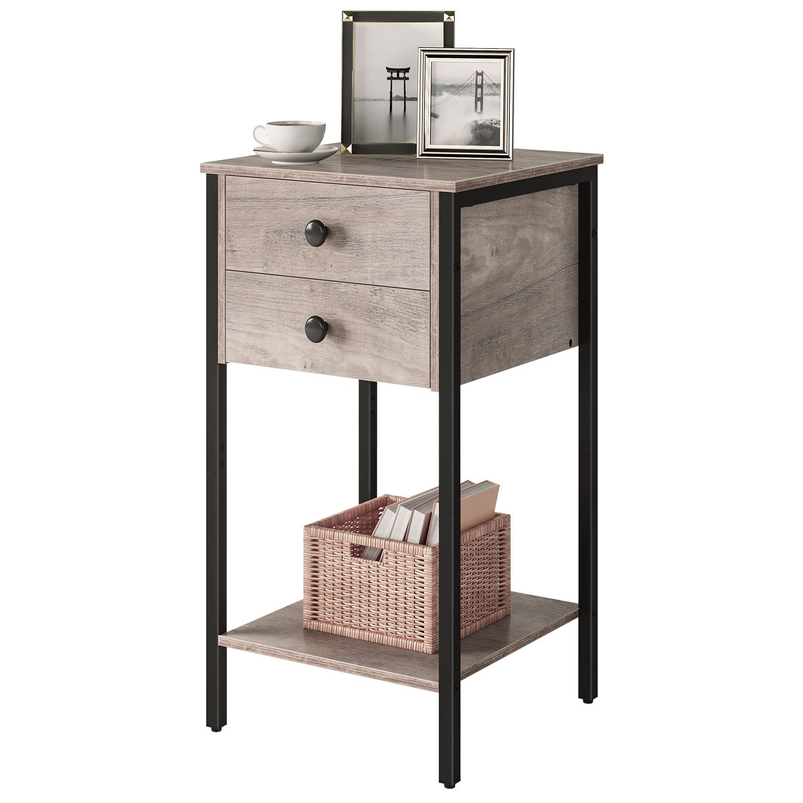 Tall Nightstand, Bedside Table with 2 Drawers and Storage Shelf, Industrial Telephone End
