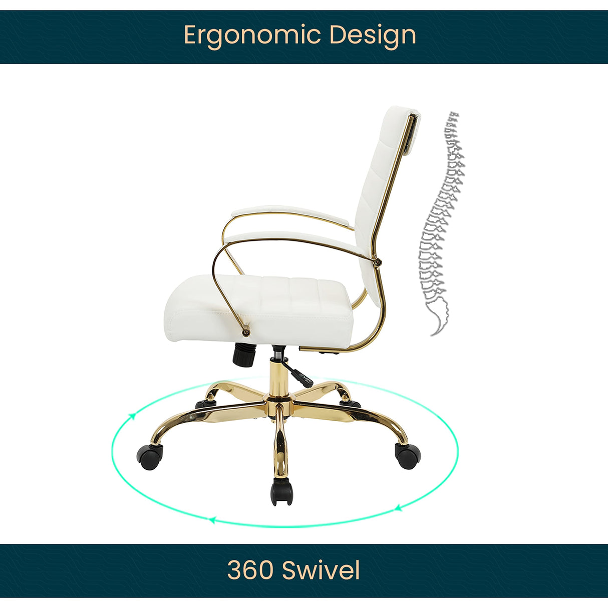 Mid-Back Ergonomic Office Chair - White Leather with Lumbar Support