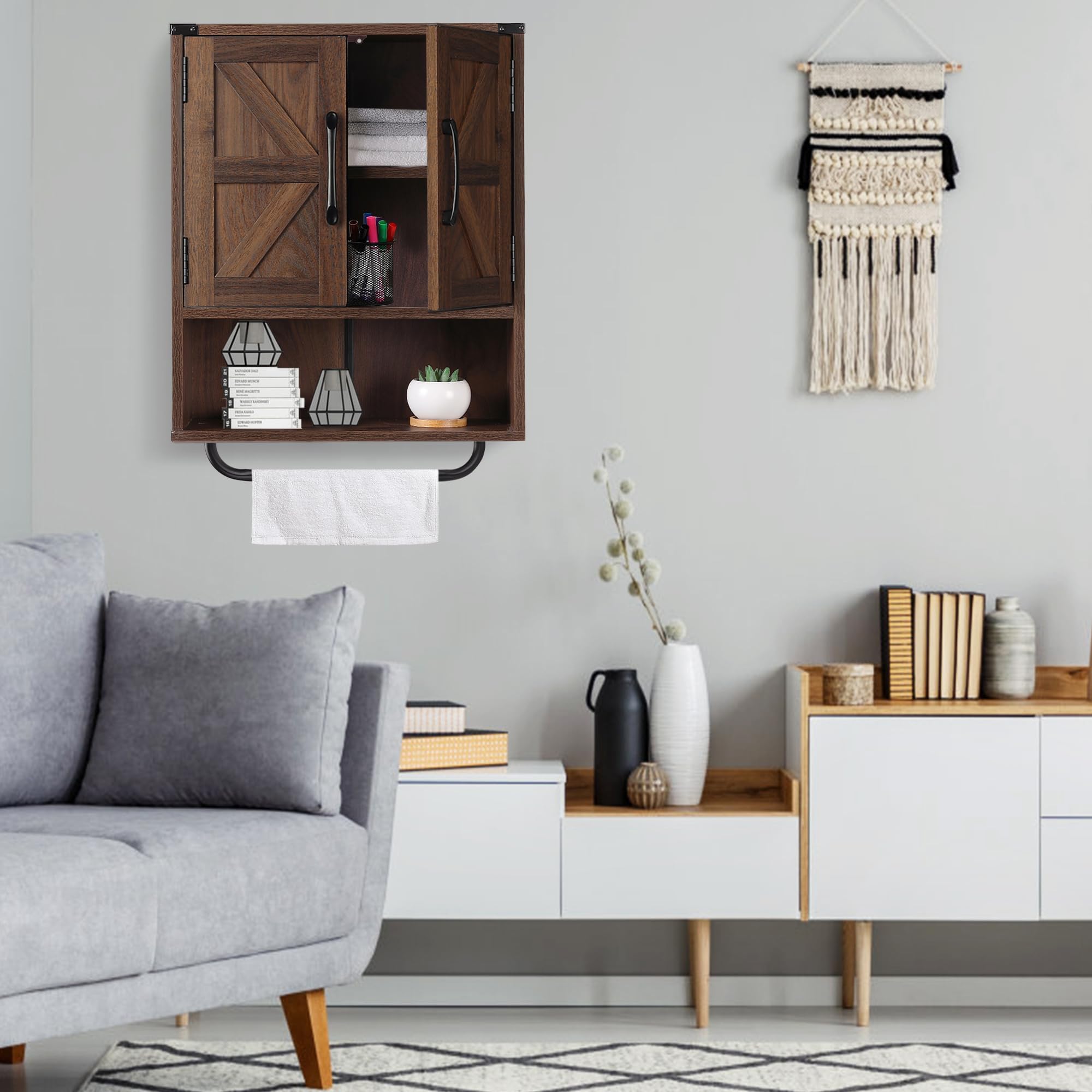 Wall Storage Cabinet with Two Barn Door, Rustic Mounted Medicine Cabinet with