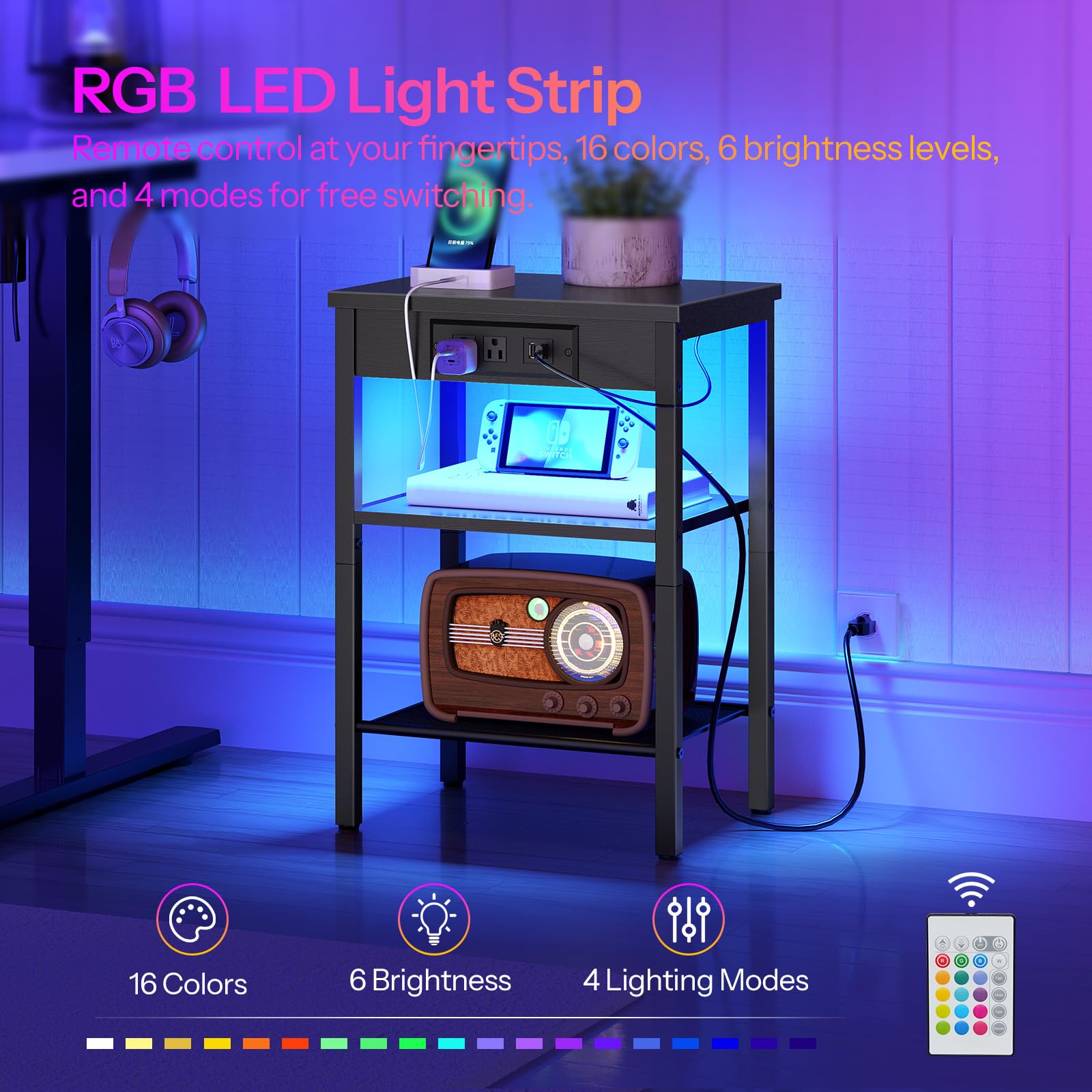 Side Table with Charging Station and LED Lights, Small End Table with Storage Shelves