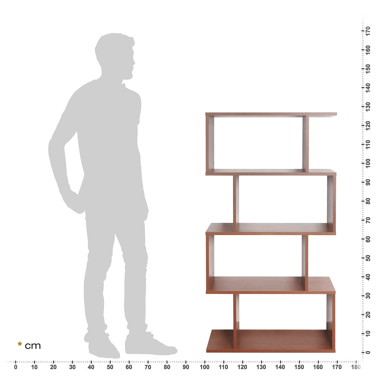 RICOO WM071-ER Storage Shelf 129 x 70 x 25 cm Bookcase Wooden Furniture Organiser Large Capacity 4 Compartments Open Oak Colour Brown