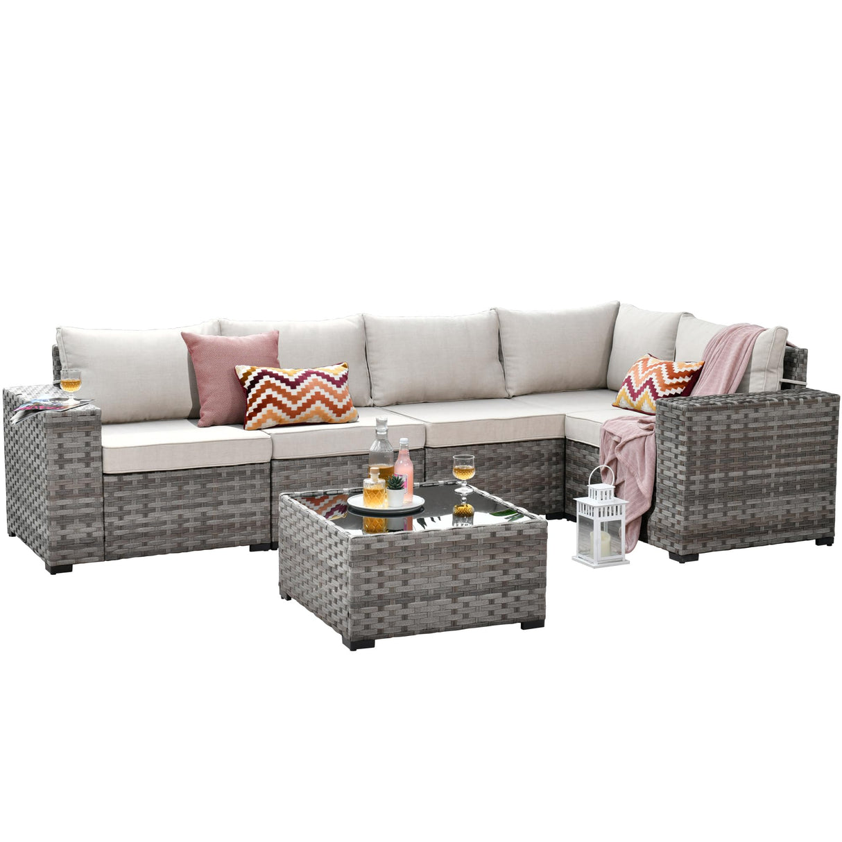 Patio Furniture Set 6 Pieces Outdoor Sectional Sofa Set with Widened Armrest and Deep Seat