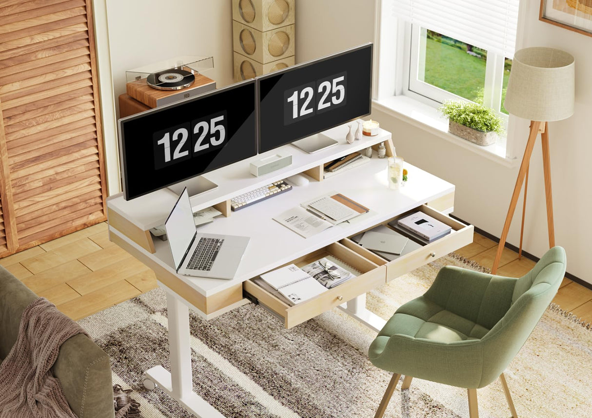 Desk with Drawers, Electric Adjustable Standing Desk Adjustable Height, Sit Stand Up Desk with Storage Shelves & Wheels, 48 Inch White