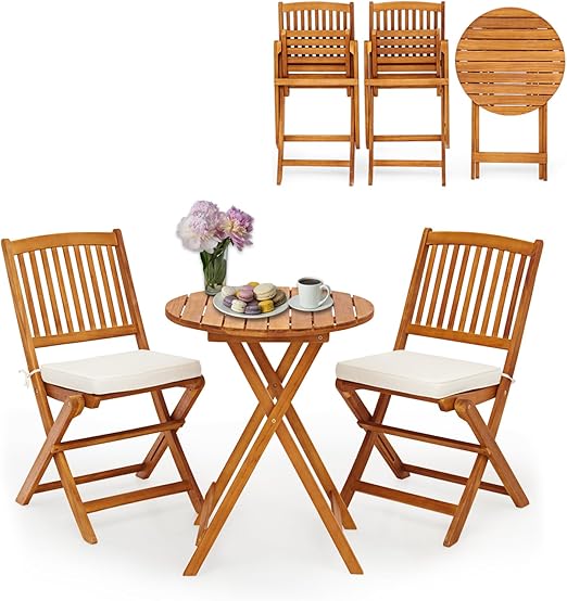 Bistro Table and Chairs Set of 2, Acacia Wood Folding Bistro Table Chairs Set