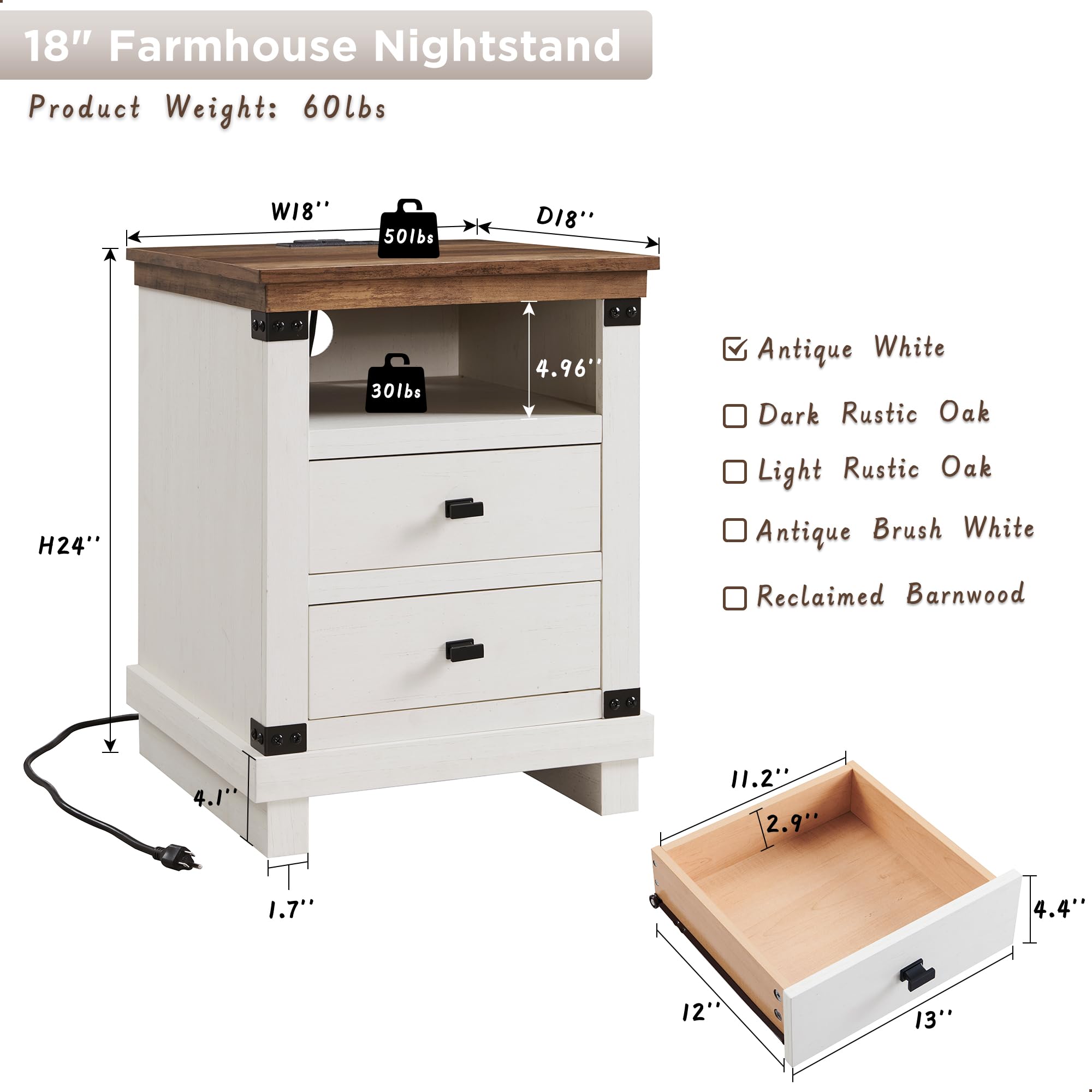 Farmhouse Nightstand with Charging Station, 18" Rustic Night stand