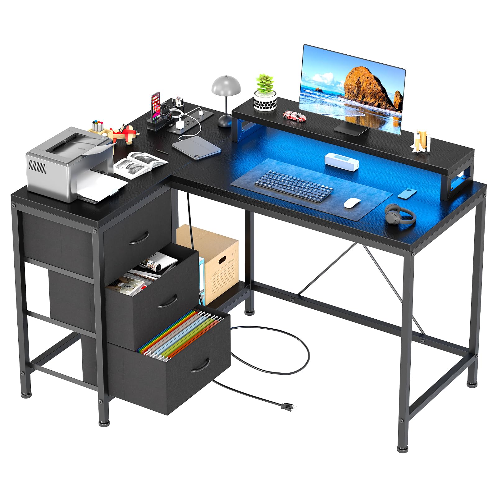 Shaped Desk with Power Outlets & LED Lights, Computer Desk with Drawers & Shelves,