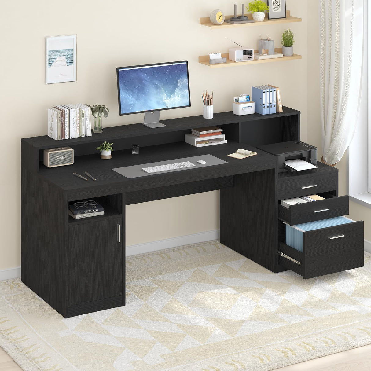 YOMILUVE Computer Desk with 3 Drawer & Storage Shelves, Home Office Desk with File Drawer & Cabinet, Writing Study Table with Long Monitor Stand & Printer Shelf, Executive Workstation