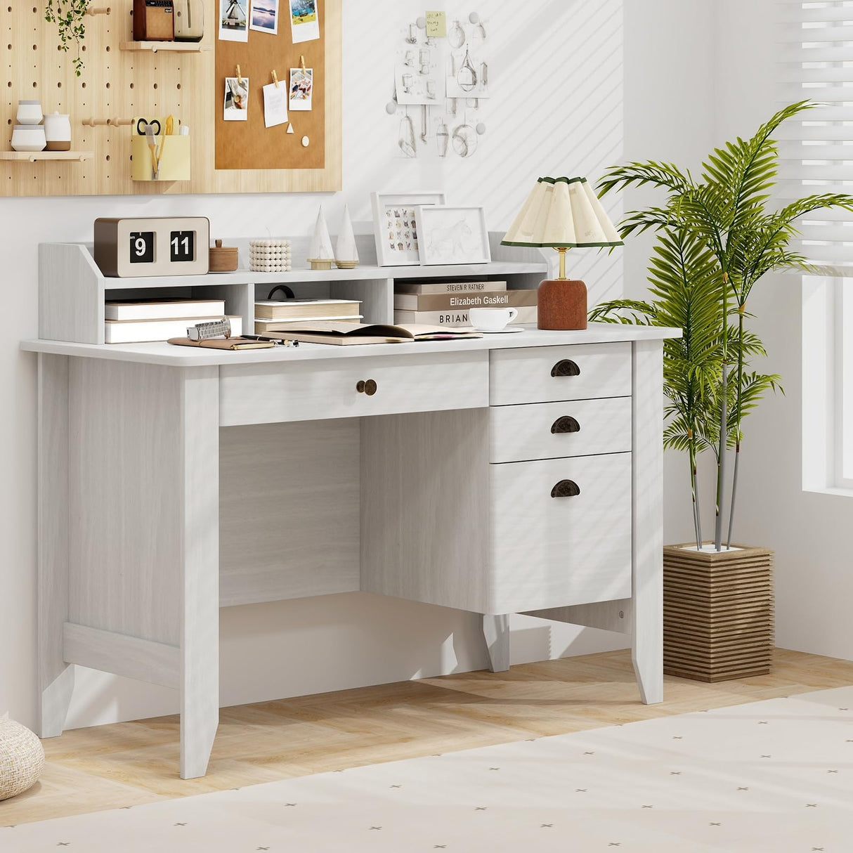 Computer Desk with 4 Storage Drawers and Hutch Wood Executive Table for PC Laptop